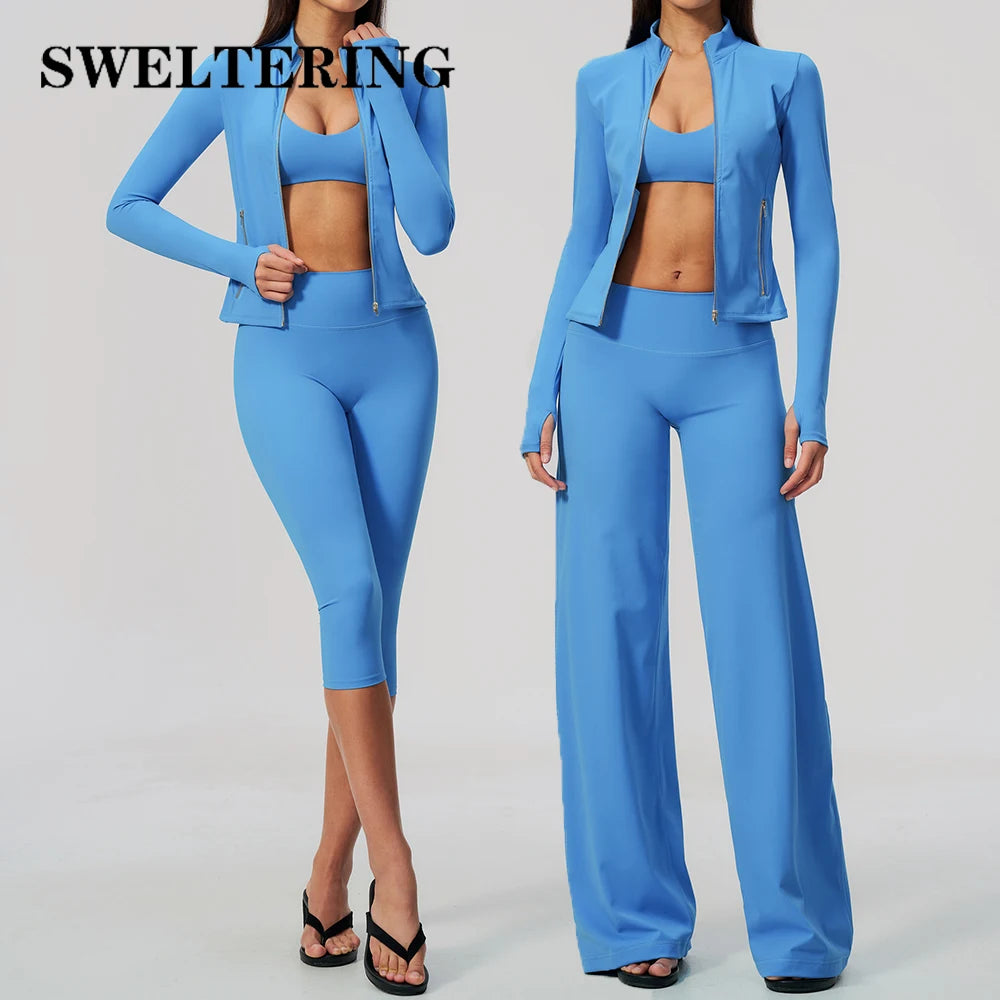 Yoga Set 3PCS Women's Tracksuit Workout Outfit Zipper Fitness Long Sleeved Sportswear Gym Clothes Female Sports Bra Yoga Clothes