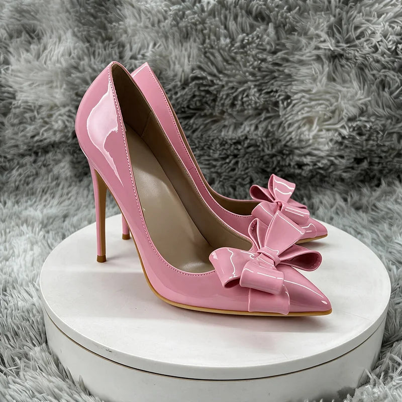 Pink Patent Leather Bow Pumps Women Pointed Toe Stiletto High Heels Elegant Wedding Party Dress Shoes Ladies Formal Evening Pump