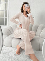 Autumn and winter new women's home wear fashionable casual pajamas temperament V-neck lace splicing set long sleeved pants Y2K