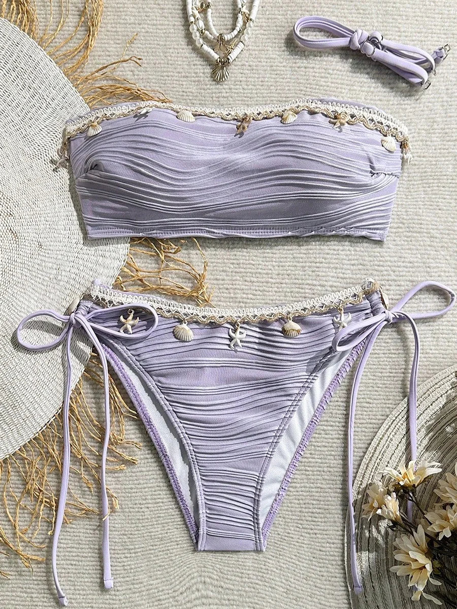 XS - XL Wrinkled Shells Bandeau Bikini Women Swimwear Female Swimsuit Two-pieces Bikini Set Bather Bathing Suit Swim Beachwear