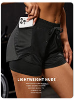Women's Elastic Sports Shorts, Shorts With Pockets, Fake Two-Piece Yoga Leggings Running And Training