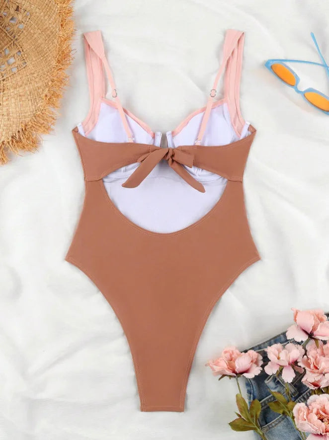 Push Up One Piece Swimsuit Women Backless Bodysuit Black White Swimwear Thong Beach Wear 2025 Contrast Color Bathing Suits Pool