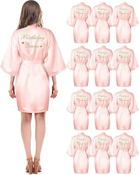 12 Pcs Women's Birthday Party Robes Gold Glitter Queen Squad Kimono Silky Nightgown Satin Bathrobes Dressing Gown