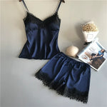 Women's Lace Satin Pajama Sets Sexy Nightwear Summer Sleeveless Tops+Shorts 2 Pcs Pyjamas Sleepwear Loungewear