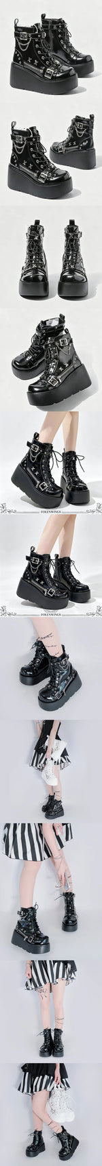 Size 42 Gothic Black Platform Creepers Shoes White Smooth Faux Leather Goth Creepers E-girl Chunky Lace Up Lolita Casual Shoes