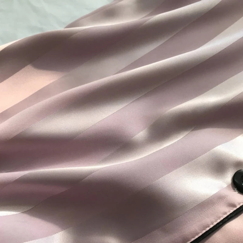 Women's Sleepwear1 Set Women's Elegant Lounge Set, Plus Size Satin Striped Button Up Long Sleeve Shirt & Pants Pajamas