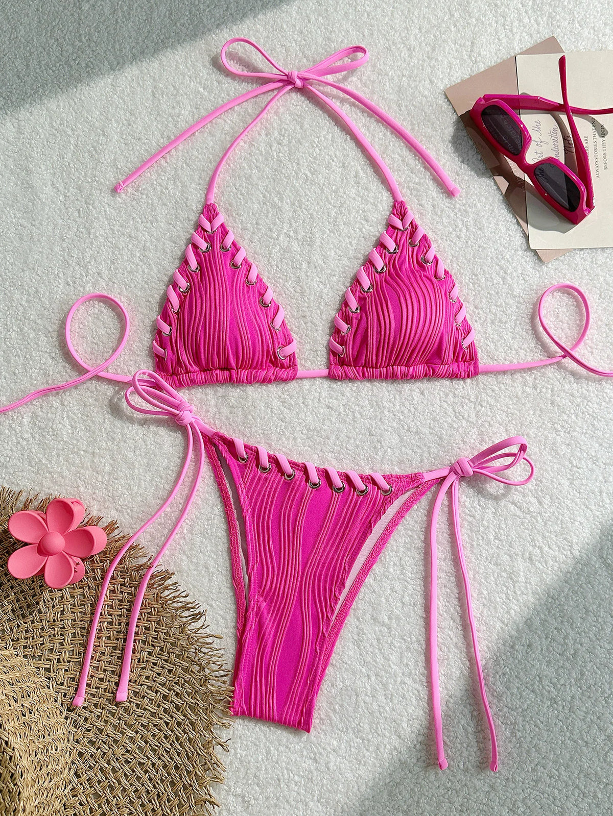 2025 Halter Wrinkled Weave Bikini Women Swimwear Female Swimsuit Two Pieces Bikini Set Brazilian Bathing Suit Swim Beach Wear