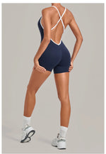 New Tight One-piece Yoga Suit Women Color Contrast Splicing Hollow Back Cross Sports Jumpsuit Outwear Slimming Fitness Bodysuits