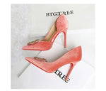 Women 10cm Super High Heels Pointed Toe Side Hollow Work Pumps Metal Crystal Buckle Velvet Stiletto Fashion Banquet Lady Shoes