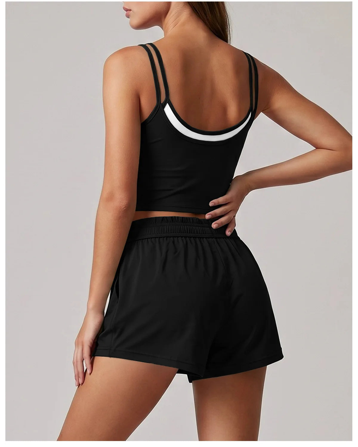 Women's New Summer Yoga Sets Color Blocked Double Strap Workout Tank Top Fitness Suit Drawstring High Waist Short Sport Set