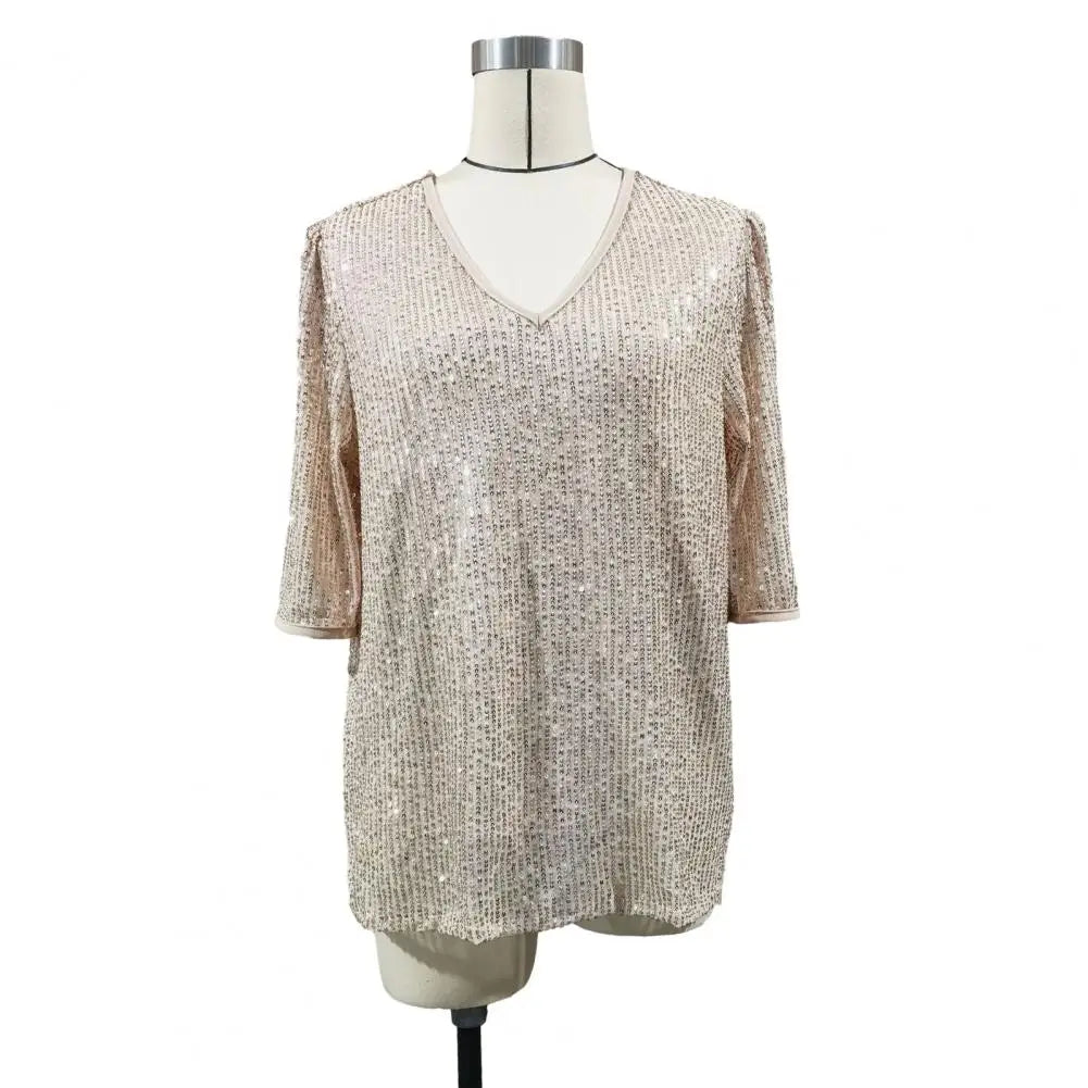Shiny Sequins Tee Shirt Women T-shirt V-Neck Short Sleeve Loose Fit Summer Sexy Tops Holidays Parties Wear