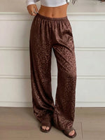2026 Women Brown Satin Leopard Print Pajamas Pants Elastic Waist Loose Trousers Vintage Casual Pants Leisure Home Clothing