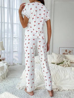 Lace Trim Cherry Print 2 Pieces Pajama Set for Women Sleepwear Short Sleeve Top & Full-Length Pants Nightwear Homewear