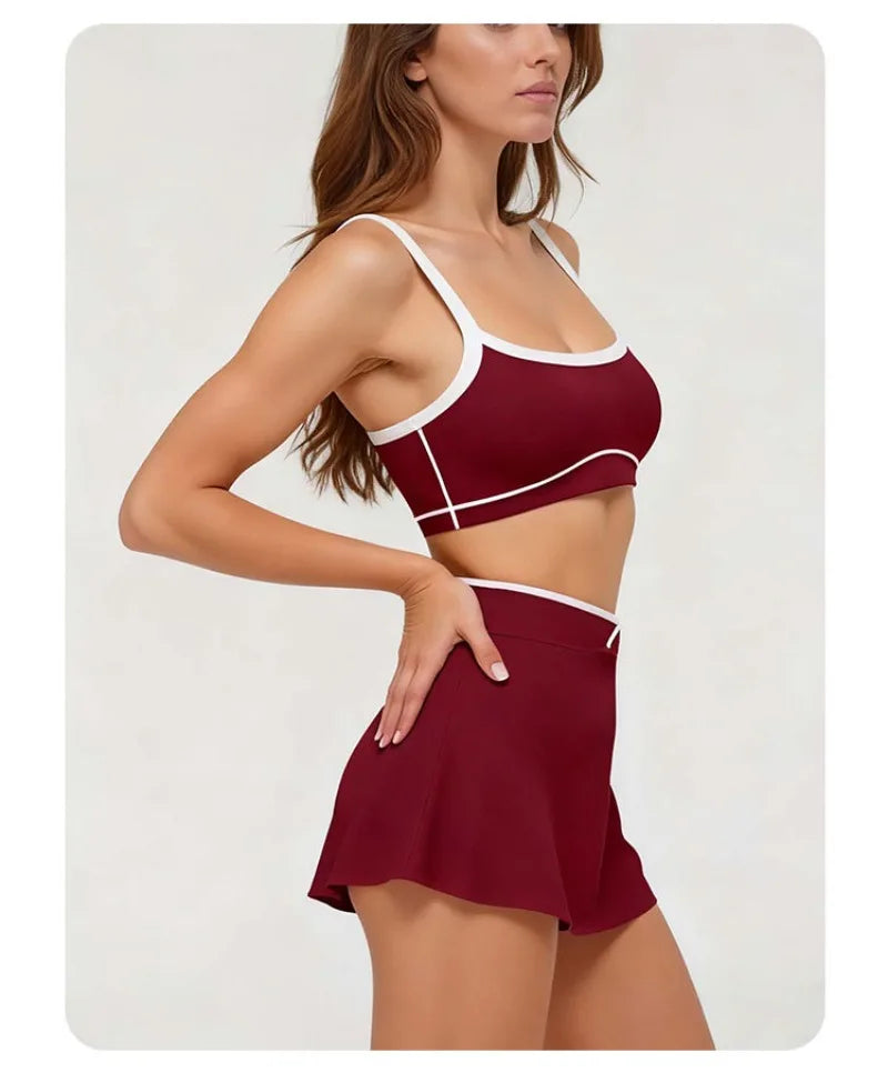 2 Pieces Women's Nude Yoga Set Bra Skirt Tracksuit Running Fitness Sports Set Slim Fit High Waist Beautiful Back Suit