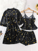 Women's Pajama Comfortable Loose Women's Elegant Pajama Set with Star and Moon Print V-Neck Camisole and Shorts 3pcs Set for All