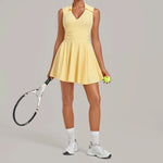Summer Women Solid Tennis Dresses Sleeveless Turn Down Collar Pleated Skirts with Detachable Pocket Shorts Slim Yoga Golf Dress