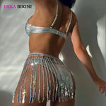 DEKA Shiny Sequins Tassels Bikini Set 3 Pcs Bathing Suit Multi Solid Color Lace Up Halter Neck Swimming Backless Swimsuit