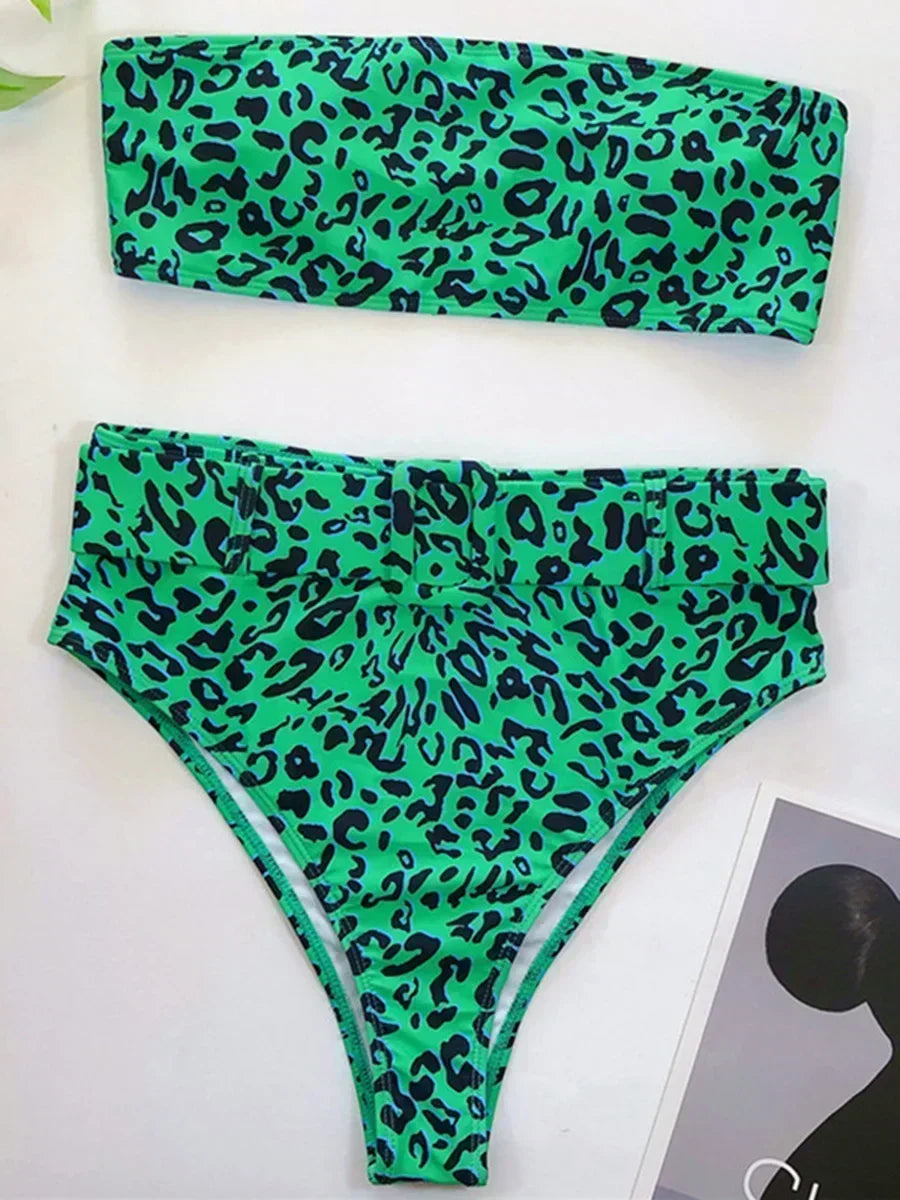 Neon Green Bandeau Swimsuit High Waist Bikini 2025 Women Swimwear Female Two pieces Bikini set Buckle Waistband bathing suit