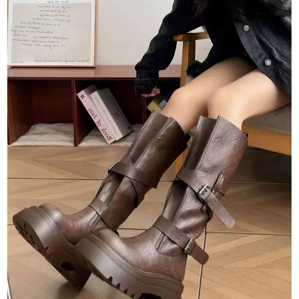 2026 New Vintage Thick Bottom Woman Knee High Boots Fashion Belt Buckle Zippers Shoes Female Knight Long Booties Shoes