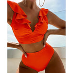 Solid Color Sexy V-neck Ruffle Bikini 2026 Women 2 Piece Swimwear Push Up Padded High Waist Swimsuit Summer Beach Bathing Suit