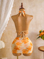 DEKA Orange Floral Print Bikini Set 2026 Women 3D Flower Push Up Top Pleate Skirt 3 Piece Swimsuit Beach Bathing Suit Swimwear