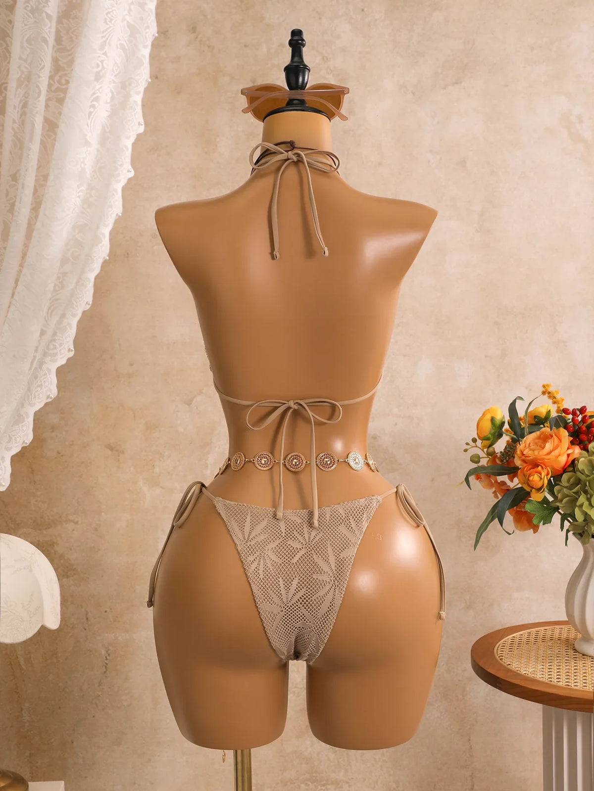 Sexy Mesh Cover Up 3 Piece Bikini Set 2026 Women White Metal Circle Push Up Bra Thong Swimwear Holiday Bathing Suit Swimsuit