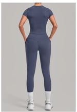 Women Tracksuit Yoga Sets Short Sleeve Slim Sports T Shirts Workout Clothes Outdoor Tight High Waist Pocket Pants Fitness Suits
