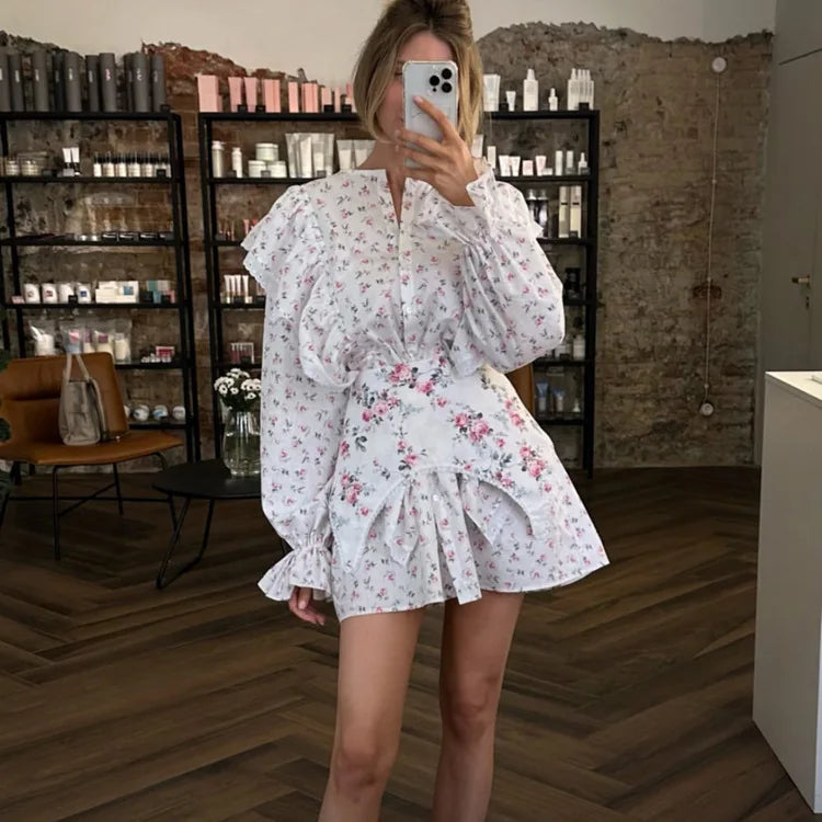 FDYOUI Women's O-neck Single Breasted Ruffles Floral Dress with Corset Ladies Chic Long Sleeve Tunics Shirts Dresses High Street