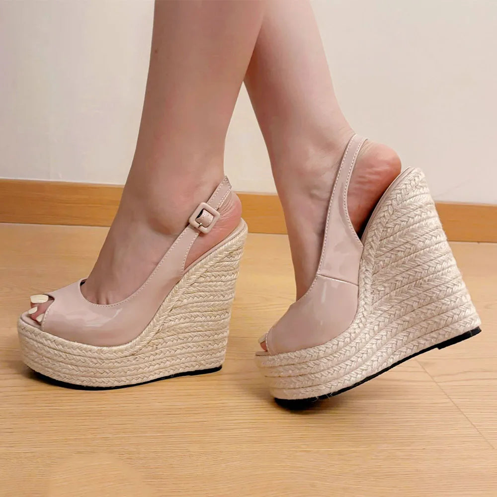 Sexy Peep Toe Nude Summer Espadrilles Sandals Women Classic Super High Heels Slingback Sandals Platform Sandals Wedges Shoes