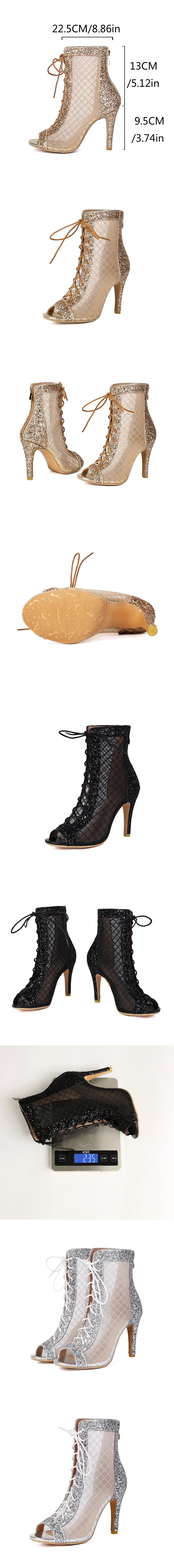 Plus Size 48 Sexy Black Sequined Summer Boots Peep Toe Cross-tied Ankle Boots Zipper Silver Thin High Heels Boots Party Shoe