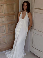 FDYOUI 2026 Summer Backless Ruched White Long Maxi Dress for Woman Elegant Sexy Halter Sleeveless Loose Evening Party Dresses