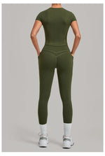 Women Tracksuit Yoga Sets Short Sleeve Slim Sports T Shirts Workout Clothes Outdoor Tight High Waist Pocket Pants Fitness Suits