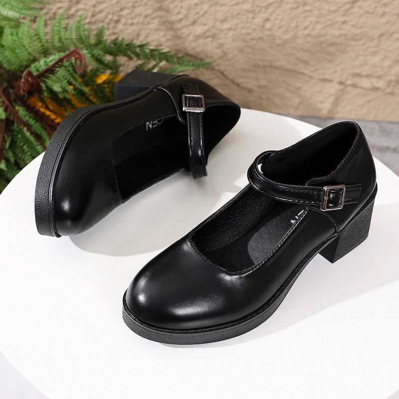 Plus Size 42 Black Thick Heels Pumps Women Classic Pu Leather Platform Mary Jane Shoes Woman Ankle Buckle Office High Heel Shoes