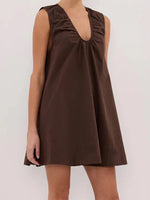 Women Summer Solid Color V Neck Loose Tank Dress Sleeveless Beach Mini Dresses with Pocket