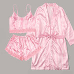 3PCS Women Pajama Suit Robe Fashion V-Neck Stretch Satin Silk Lace Sexy Lingerie Bowknot Pyjamas Sleep Shorts Set Sleepwear