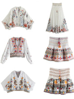 Batwing Sleeve Women Autumn Embriodery Paisley Print Skirt Set Outfits V Neck Button Tiered Mini Skirt Dress Suit Vintage Set