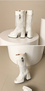 Plus Size Women White Patent Leather Fringe Tassel Mid Calf Boots Peep Toe Platform Block Heel Open Toe Party Club Heels