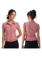 Women Plaid Shirts Button Down Puff Short Sleeve Lapel Neck Tops Fashion Slim Fit Ruffle Trim Blouses Summer