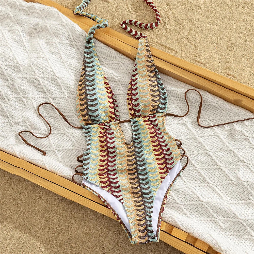 Sexy Halter String Backless Swimsuit Woman One Piece Striped Crochet Swimwears 2026 High Cut Bathing Swimming Wear Suit Monokini