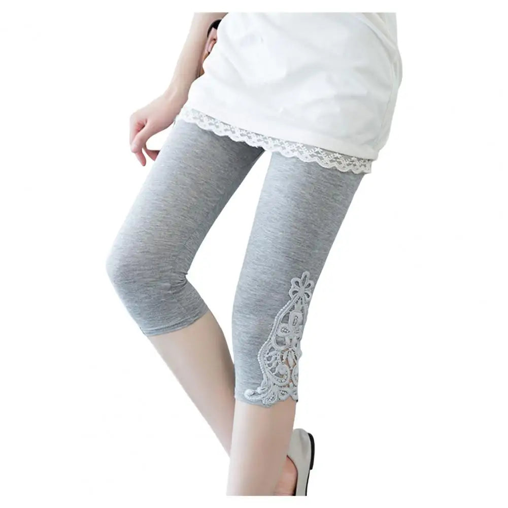 Summer Stretchy Cropped Pants Cropped Leggings Women Elastic Waist Embroidery Lace Stitching Thin Tight-Fitting Pants