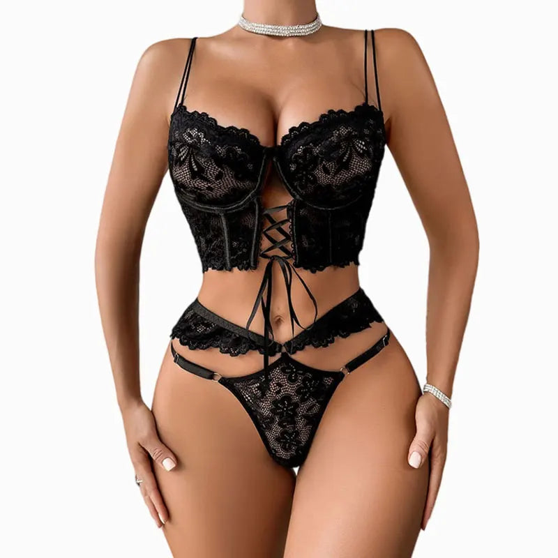 A Set Of Lace Shapewear Underwear Women Ultra-Thin Lace-Up Corset Semi-sheer Sexy Clothing With Underwire Push-up Bra Lingerie