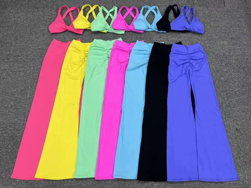 Women's Seamless Yoga Sets Brushed Fabric Flared Hip-Lifting Pants Cross Beauty Back Bra Suits Gym Workout Fitness Training Sets