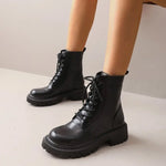 Women Lace Up Combat Ankle Boots PU Leather Chunky Lug Sole Round Toe Casual Winter Daily Shoes