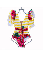 Sexy Ruffle Shoulder Swimsuit V-Neck Swimwear Women Backless Push Up Bathing SuitBeach Wear 2024 Female Swimming Suit