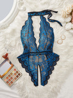 S-4XL Sexy Crotchless Halter Lingerie Women Lace Hollow Transparent Curvy Erotic Bodysuit Deep V Open Bra Underwear Set Babydoll