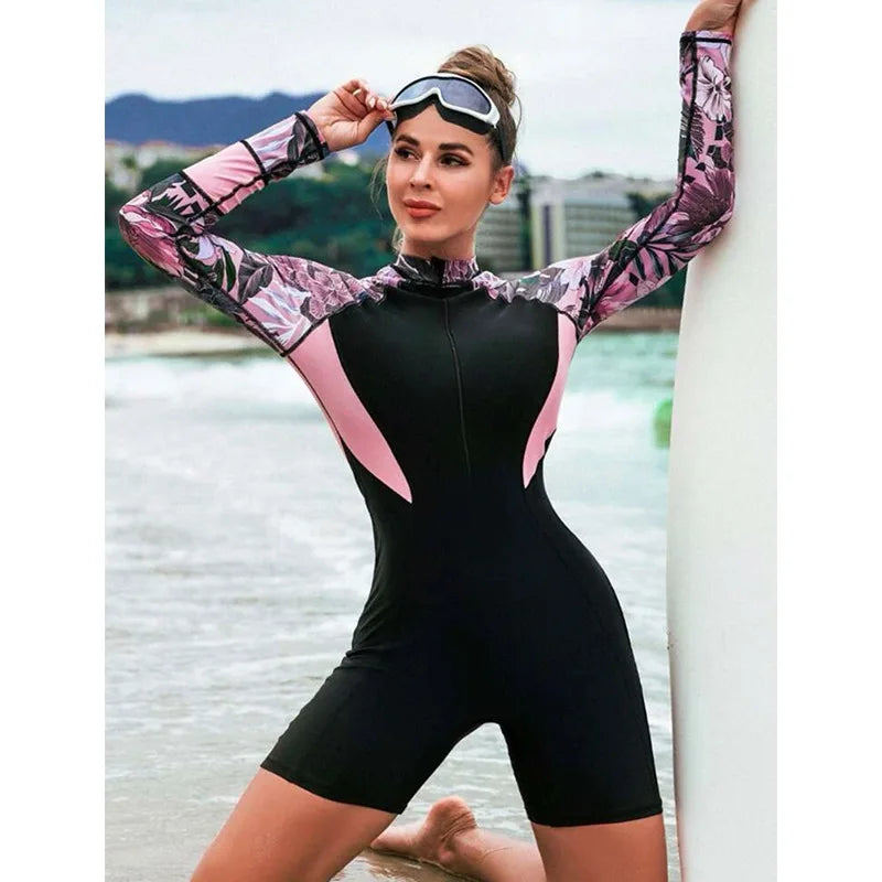 2023 New One Piece Swimsuit Women Floral Long Sleeve Swimwear Zipper Surfing Monokini Push Up Body Suit Beachwear Bathing Suit