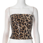 Sexy Chic Leopard Printed Corset Tops Women's Fashion Skinny Zip-up Sequins Crop Tops Strapless Night Club Outfit Streetwear