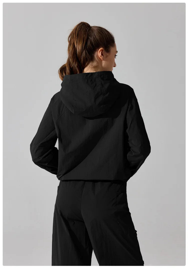 Outdoor Windproof Mountaineering Jacket Women Fashion Lightweight Sun Protection Sports Hooded Top Casual Loose Hiking Yoga Suit