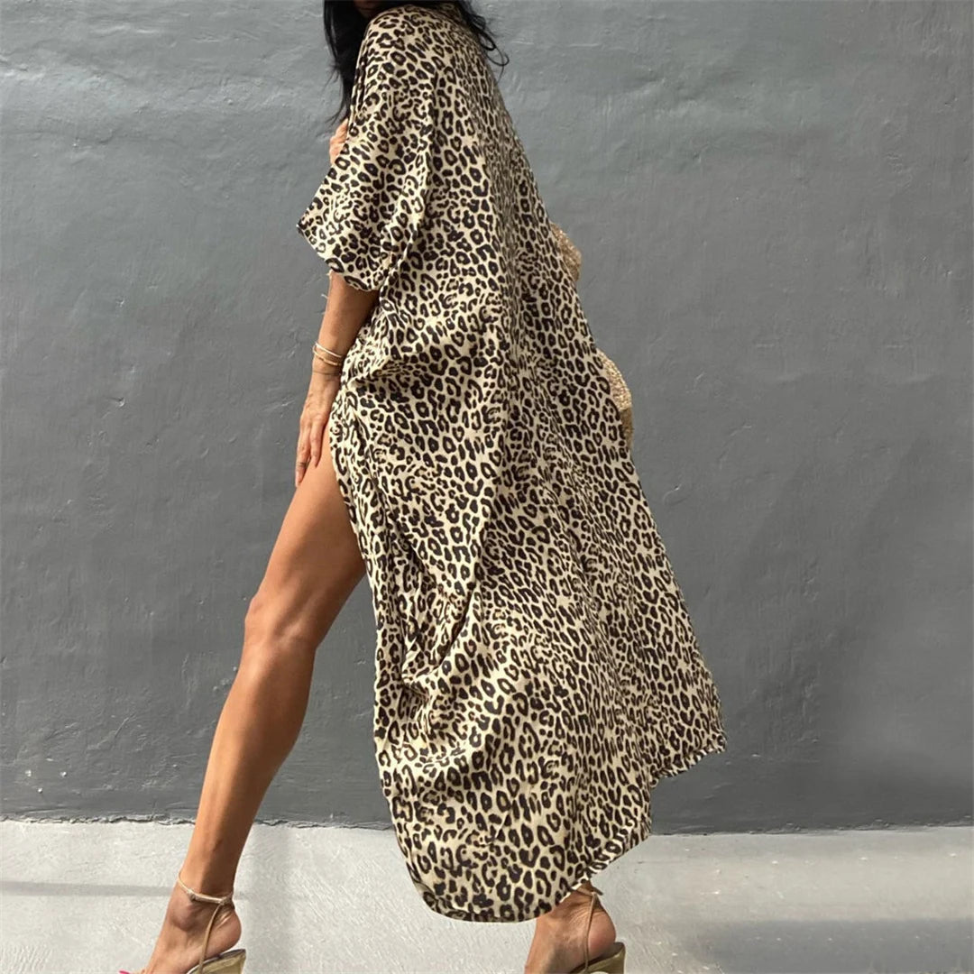 17 Colors Leopard Printed Colorful With Belt Tunic Cover-ups Beach Dress Beach Wear Beachwear Female Women Beach Cover Up V4510L