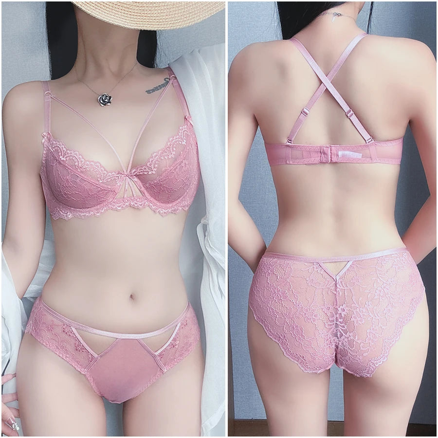 Sexy Lace Bra Set Large Breasts Ultra Thin Full Coverage Push Up Effect Big Cup Supporr Detachable Straps Pure Sensual Underwear